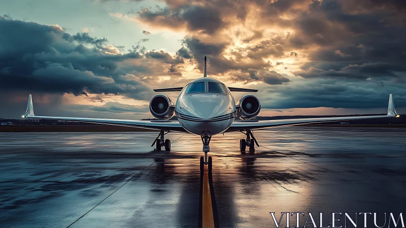 Private jet parked on wet runway under stormy sunset sky