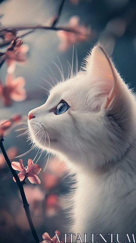 White cat with blue eyes observing pink flowering branches.