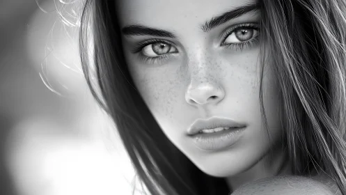 Freckled gaze in luminous monochrome, carved from quiet light.