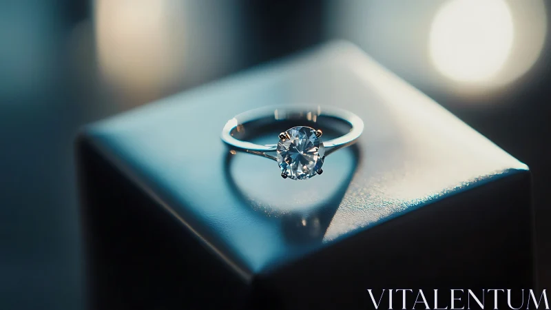 Solitaire diamond ring on luminous pedestal in soft bokeh light.