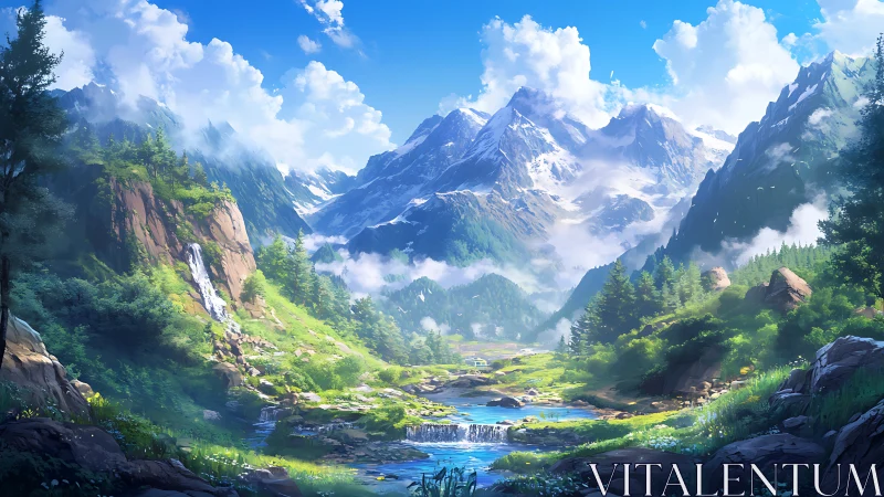 Sunlit mountain valley where waterfalls meet quiet river.