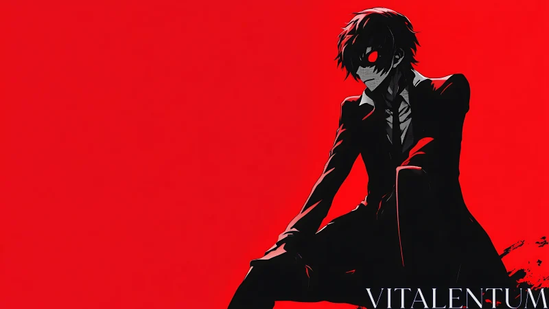 Shadowed anime antihero broods against vivid red void