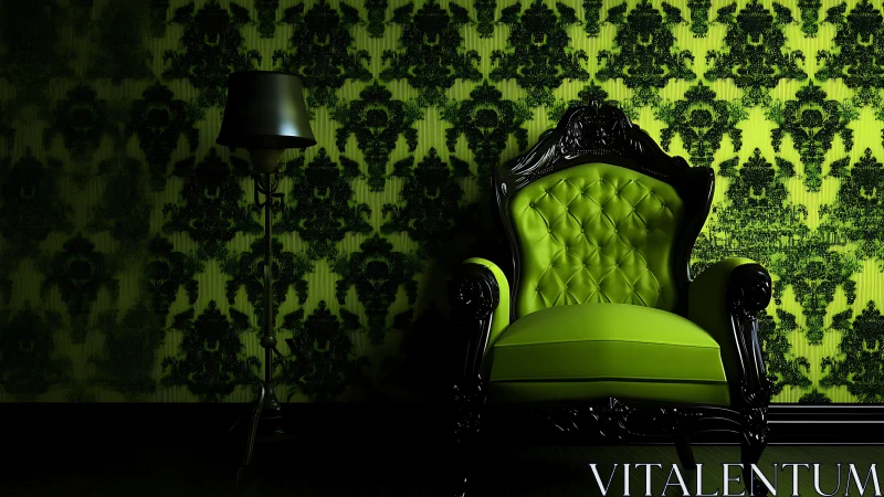 Neon throne lounges boldly beneath baroque shadow vines