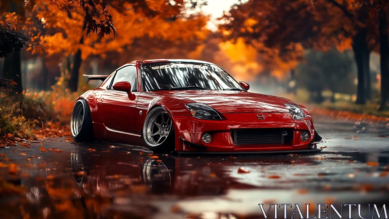 Modified red sports coupe on wet road in autumn park.