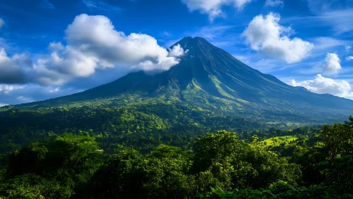 Lush volcanic peak under dynamic cumulus cloud canopy.