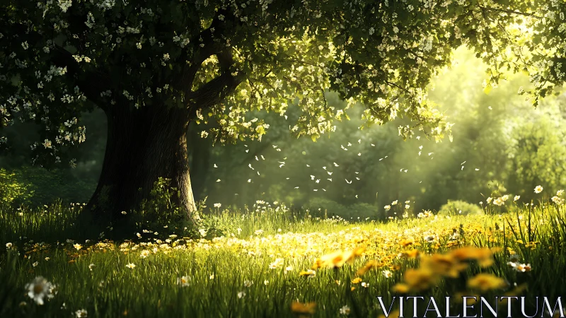 Sunlit Blooming Tree in Meadow, Peaceful Nature Scene.