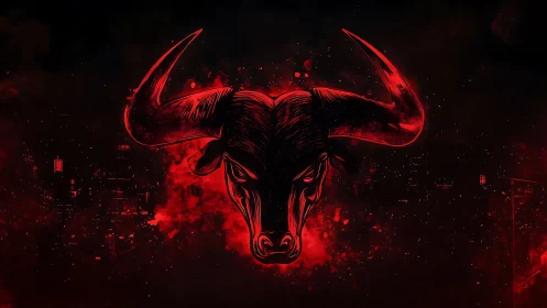 Digital painting of a red bull emblem over abstract cityfield.