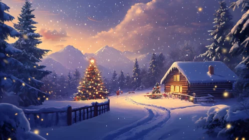 Snowfall hushes the valley while cabin lights quietly sing