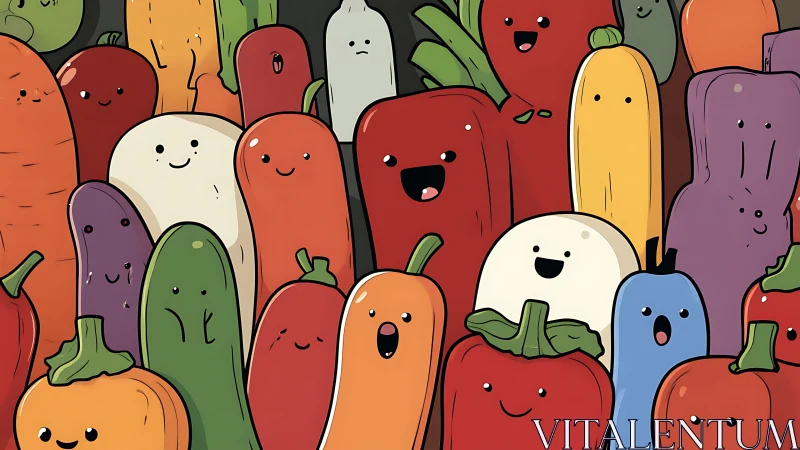 Cute cartoon vegetables with smiling faces clustered together.
