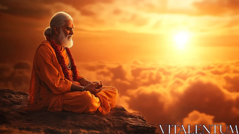 Meditating sage watches a radiant sunrise above clouds.