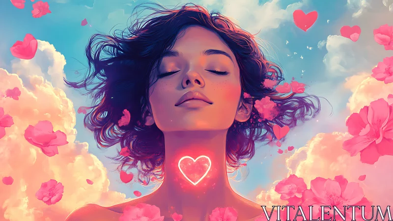 Ethereal Woman Surrounded by Pink Flowers and Glowing Heart.