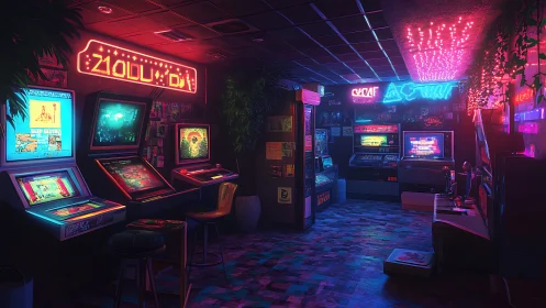 Retro neon arcade glows with nostalgic gaming ambience.