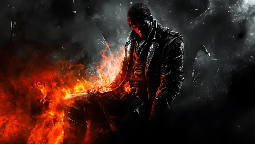 Smoldering antihero broods between wildfire and shadow.