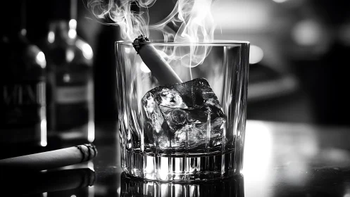 Smoking cigarette rests on melting ice cube in clear tumbler