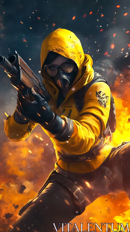 Masked shooter in yellow jacket advances through explosion