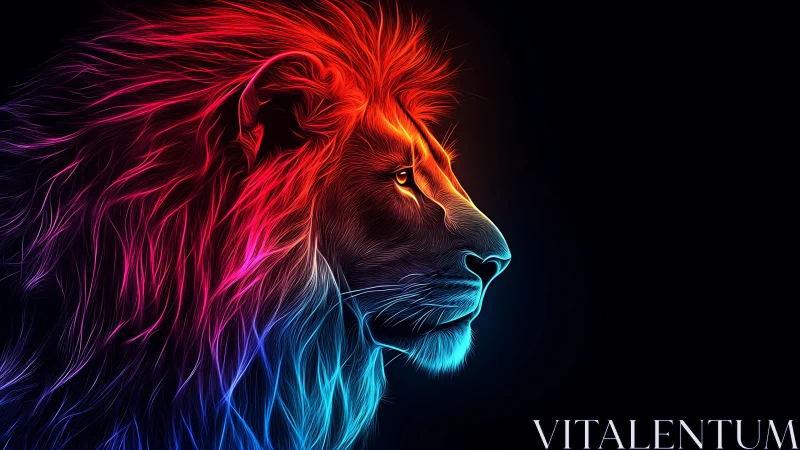 Neon lion profile radiates electric gradients in darkness.