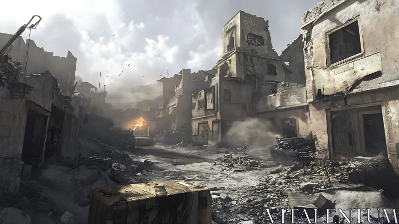 Urban street corridor with extensive structural damage.