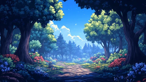 Enchanted Forest Pathway with Vibrant Floral Canopy and Luminous Sky.