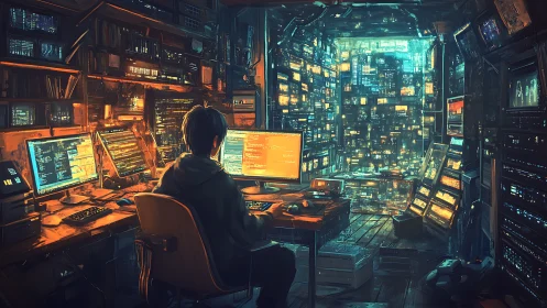 Late-night coder in a glowing city of humming screens.