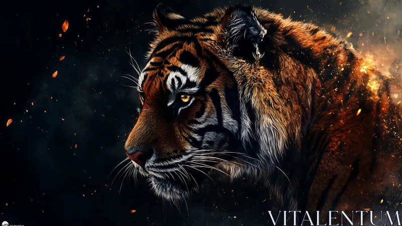 Tiger profile is rendered with high contrast lighting and sparks