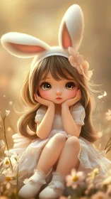 Soft-lit chibi girl in bunny ear headband amid wild daisies