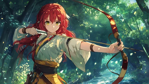 Red haired anime archer draws bow in forest scene.
