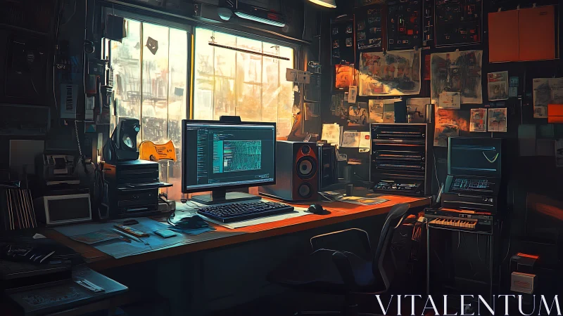 Creative tech studio glows with music, code and evening light