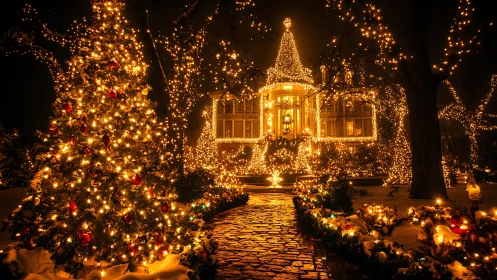 Detached observation of house with dense seasonal lighting display.