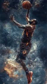 Basketball player suspended midair against abstract nebula backdrop