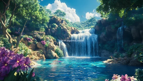 Lush tropical waterfall pool under bright midday sunlight.