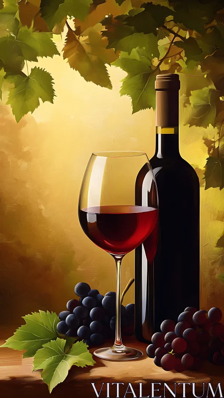 Red wine bottle, glass, and grapes under vineyard leaves.