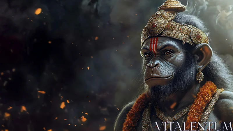 Divine simian warrior with ornate crown and garlands.