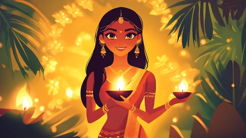 Festive Indian girl holding glowing diyas in lush tropical garden