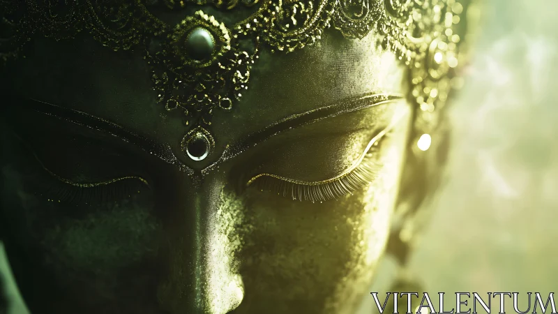 Gilded serenity mask bathed in quiet emerald sunrise glow.