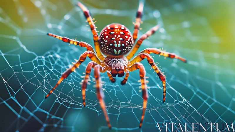 Jewel-toned spider poised on luminous morning web strands.
