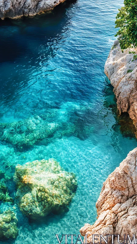 Turquoise cove water reveals submerged rocks beside cliffs