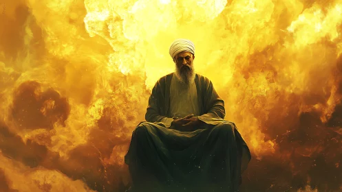 Elderly robed mystic seated against incandescent cloud vortex