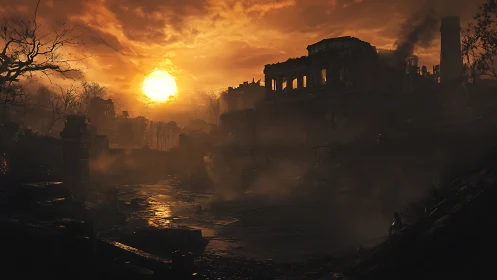 Sunset over ruined industrial buildings and dark landscape.