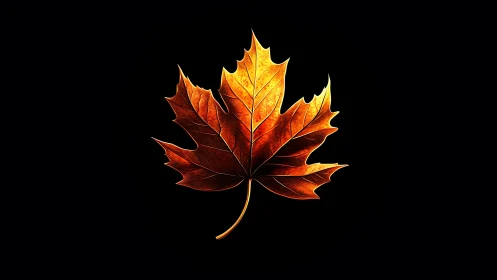 Glowing autumn maple leaf floats against deep black field