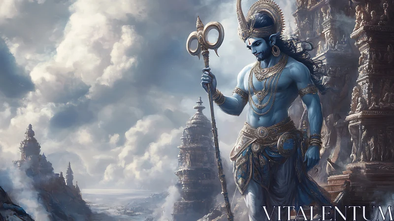 Divine blue deity strides through misty celestial temples