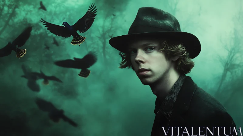 Young man in dark hat amid teal mist with circling birds