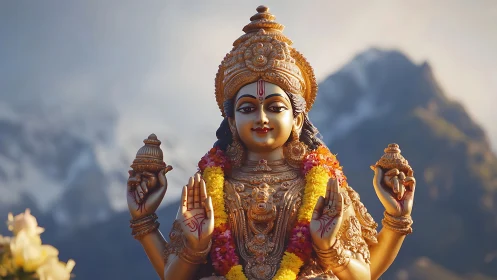 Gilded Hindu goddess statue stands before misty alpine mountains
