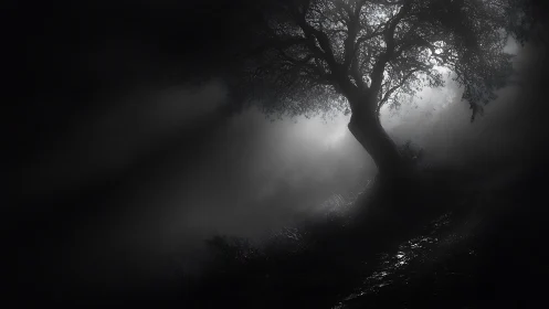 Midnight hillside tree leans into a hush of silver fog