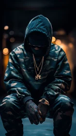 Hooded figure in camouflage streetwear with gold accessories.