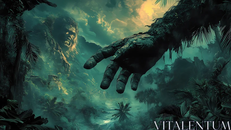 Gentle giant’s jungle reach under storm-tinted skies.