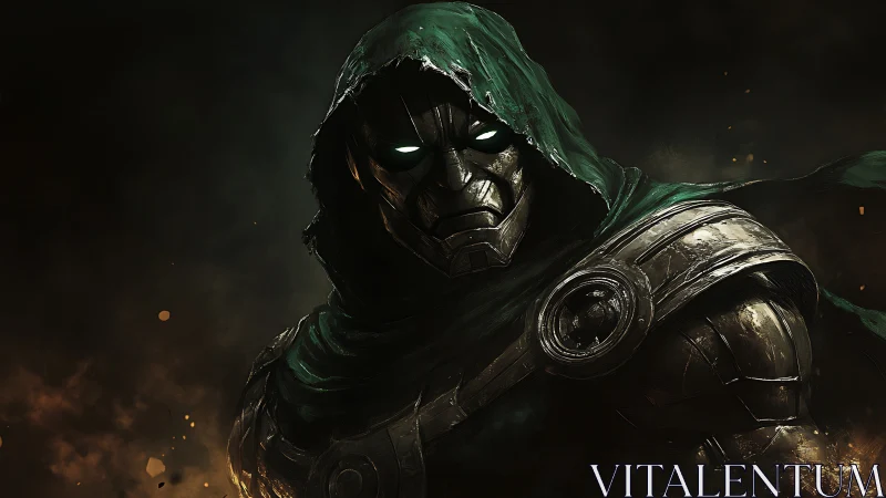 Hooded armored figure with metallic mask in dark setting.