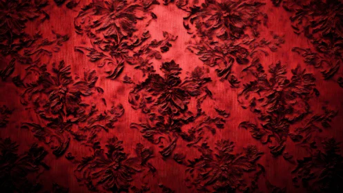 Red fabric surface shows dark floral damask pattern clearly
