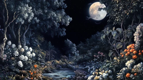Moonlit river garden blooms beneath a whispering sky.
