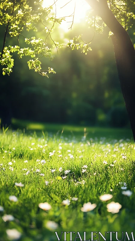 Sunlit tree and wildflower meadow in soft morning light.