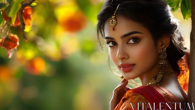 Woman in traditional attire poses outdoors in soft daylight